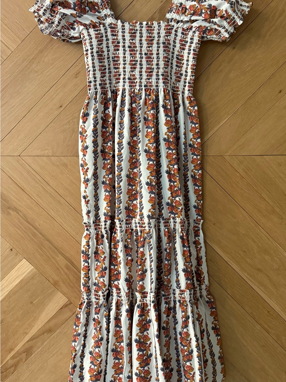 Women's Floral Smocked Maxi Dress - White with Orange Floral